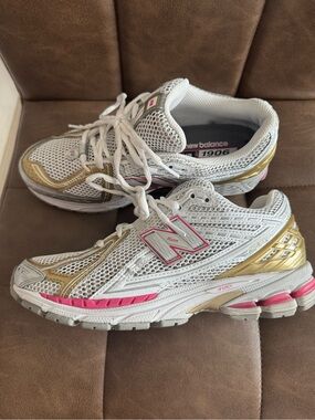 New Balance 1906 White Sneakers with Gold and Pink Accents